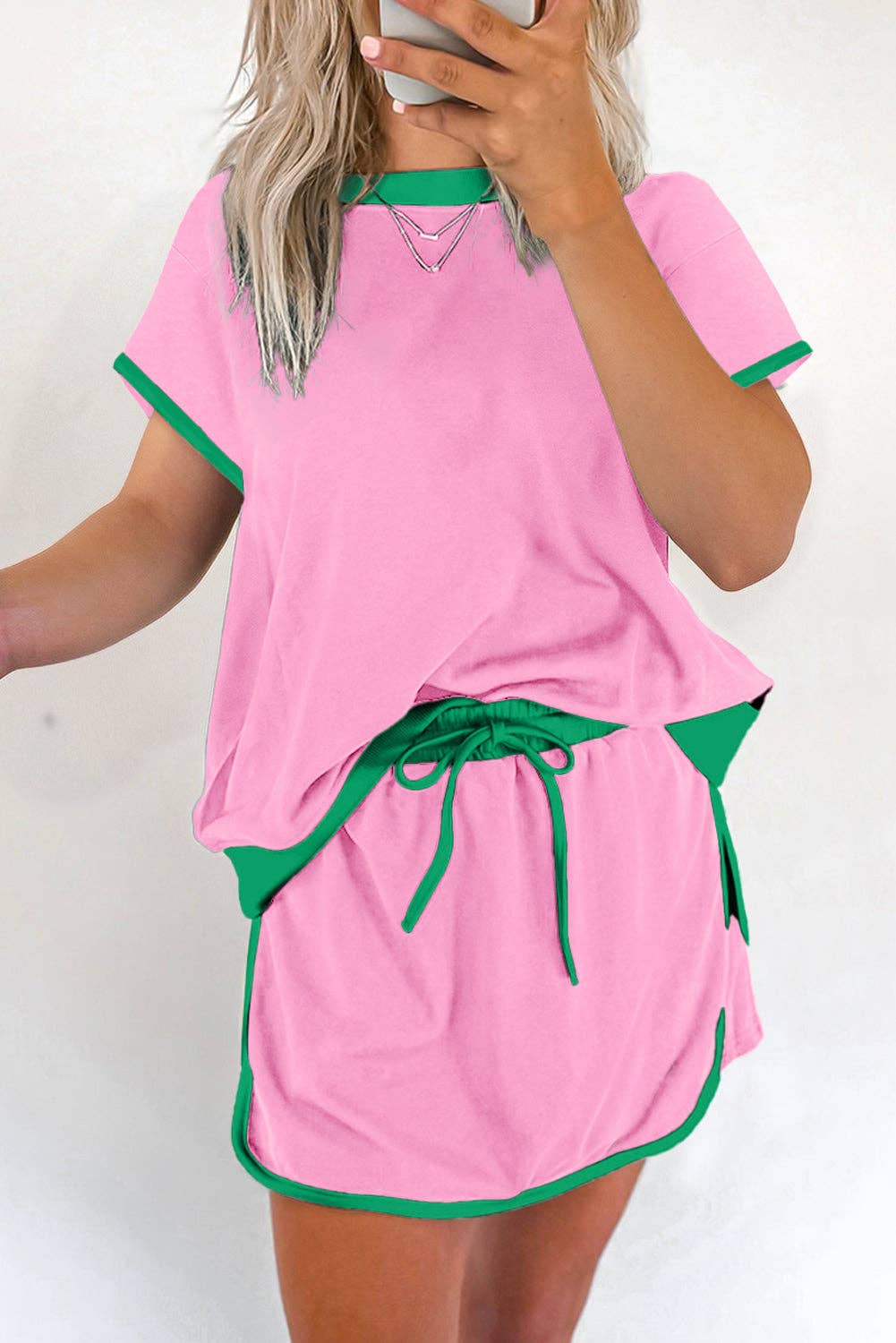 Lovesoft - Bonbon Colorblock Edge Drop Shoulder T Shirt and Skort 2Pcs Set