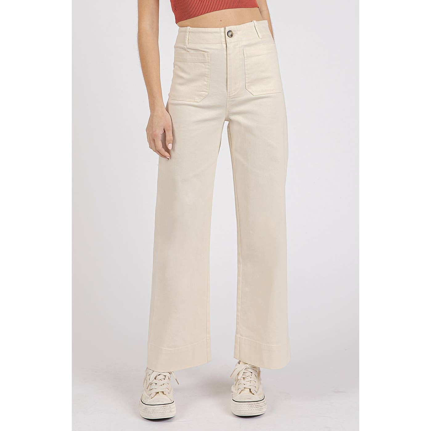 mittoshop - TWILL PATCH POCKET HIGH RISE WIDE LEG PANTS