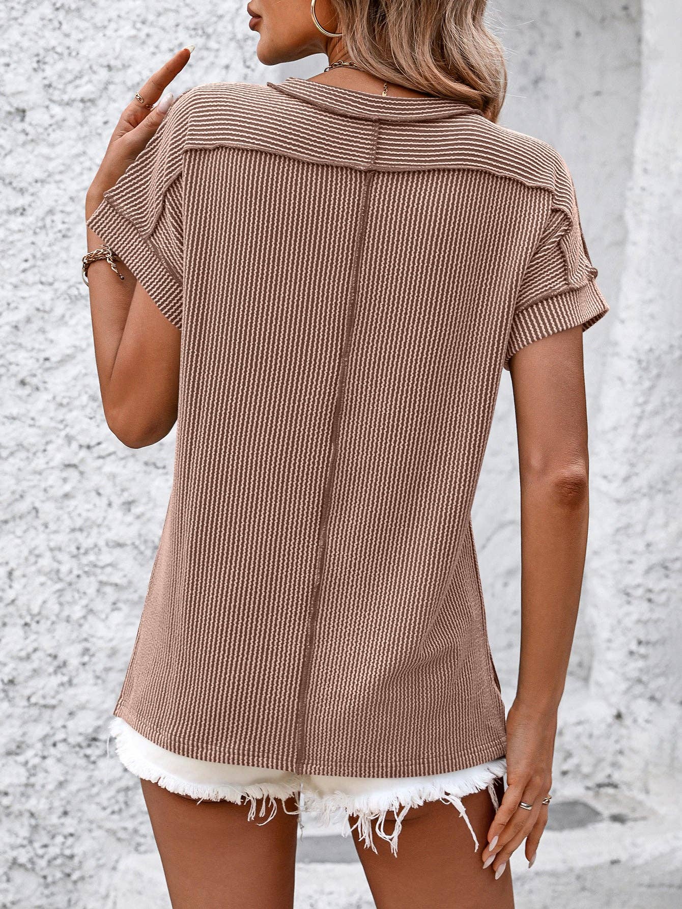 Lovesoft - Backstitch Strip Short Sleeve Knit Casual T Shirts