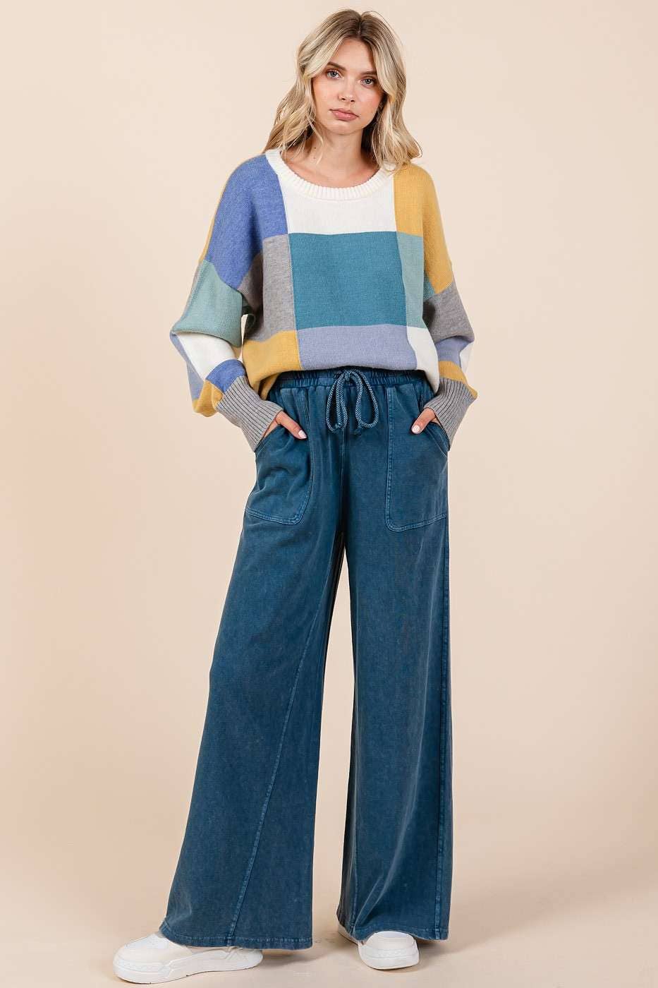mittoshop - MINERAL WASH FRENCH TERRY WIDE LEG PANTS