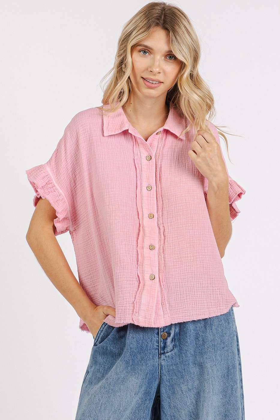 mittoshop - MINERAL WASH GAUZE RUFFLE SHORT SLEEVE SHIRT