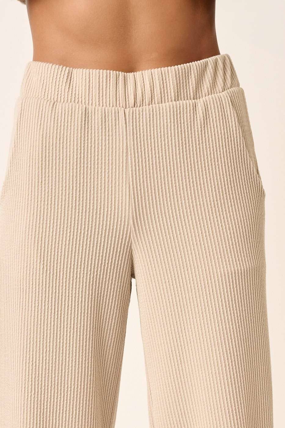 mittoshop - P9662-RIB KNIT TEXTURE ELASTIC WAIST WIDE LEG PANTS