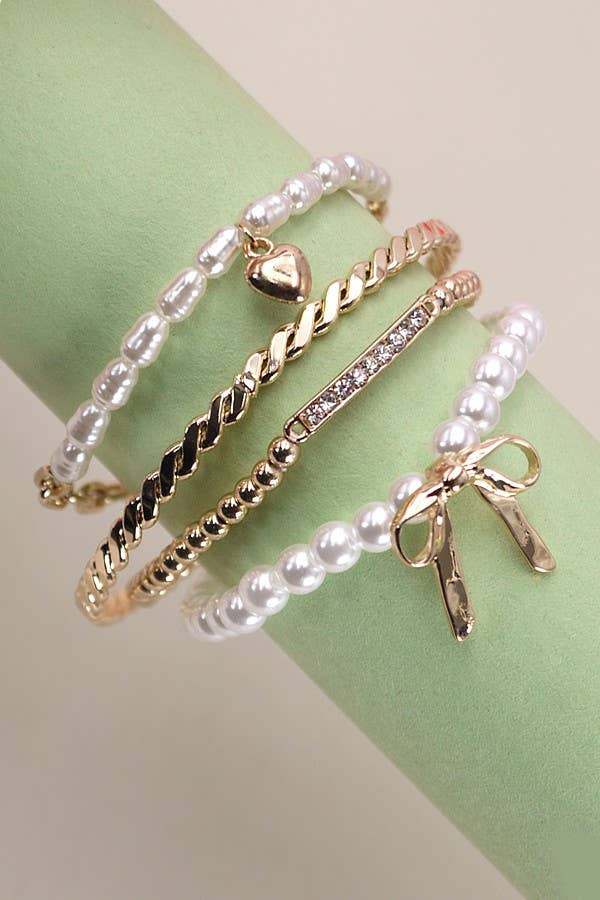 JOSSLYN by wall to wall - BOW PEARL RHINESTONE BAR STRETCH BANGLE SET | 80B137