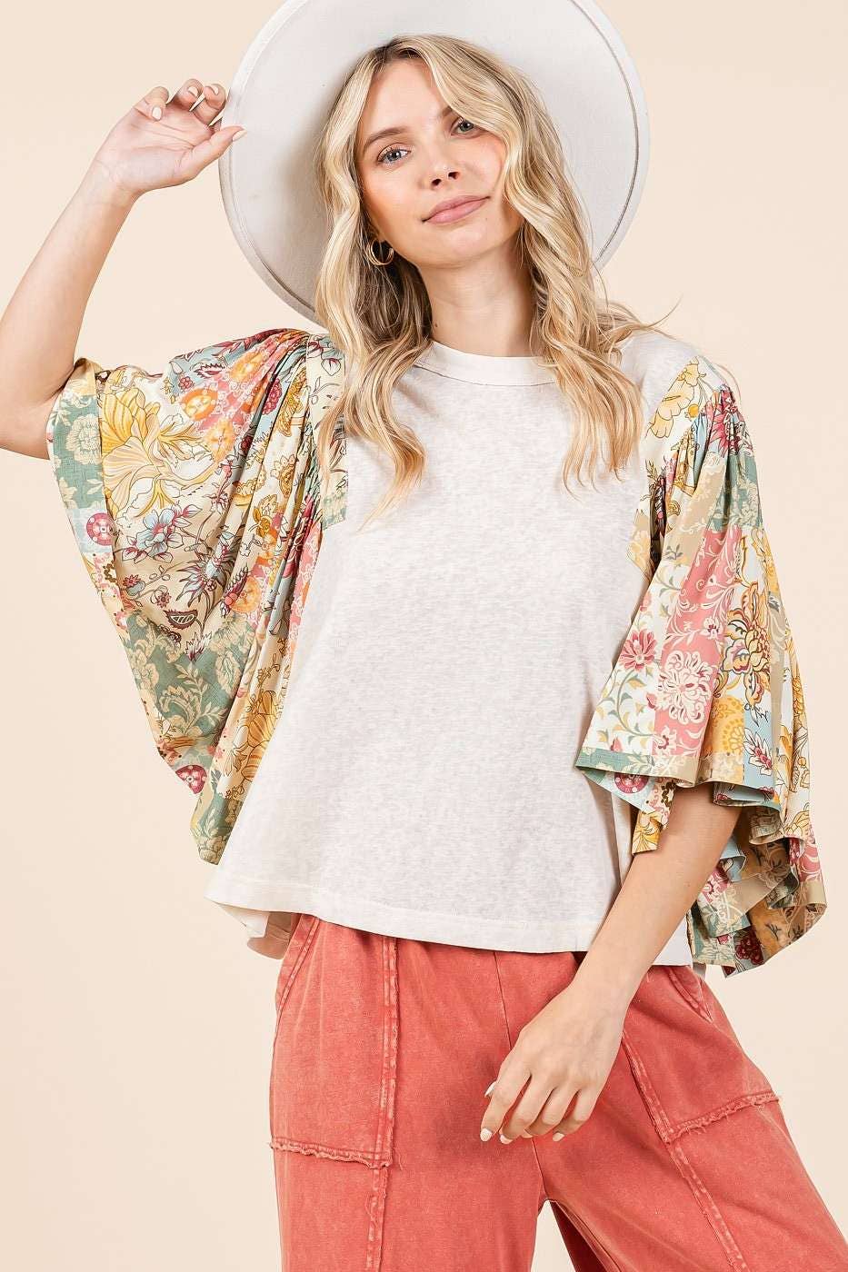 mittoshop - FLORAL PATCHWORK PRINT RUFFLE FLUTTER SLEEVE TOP
