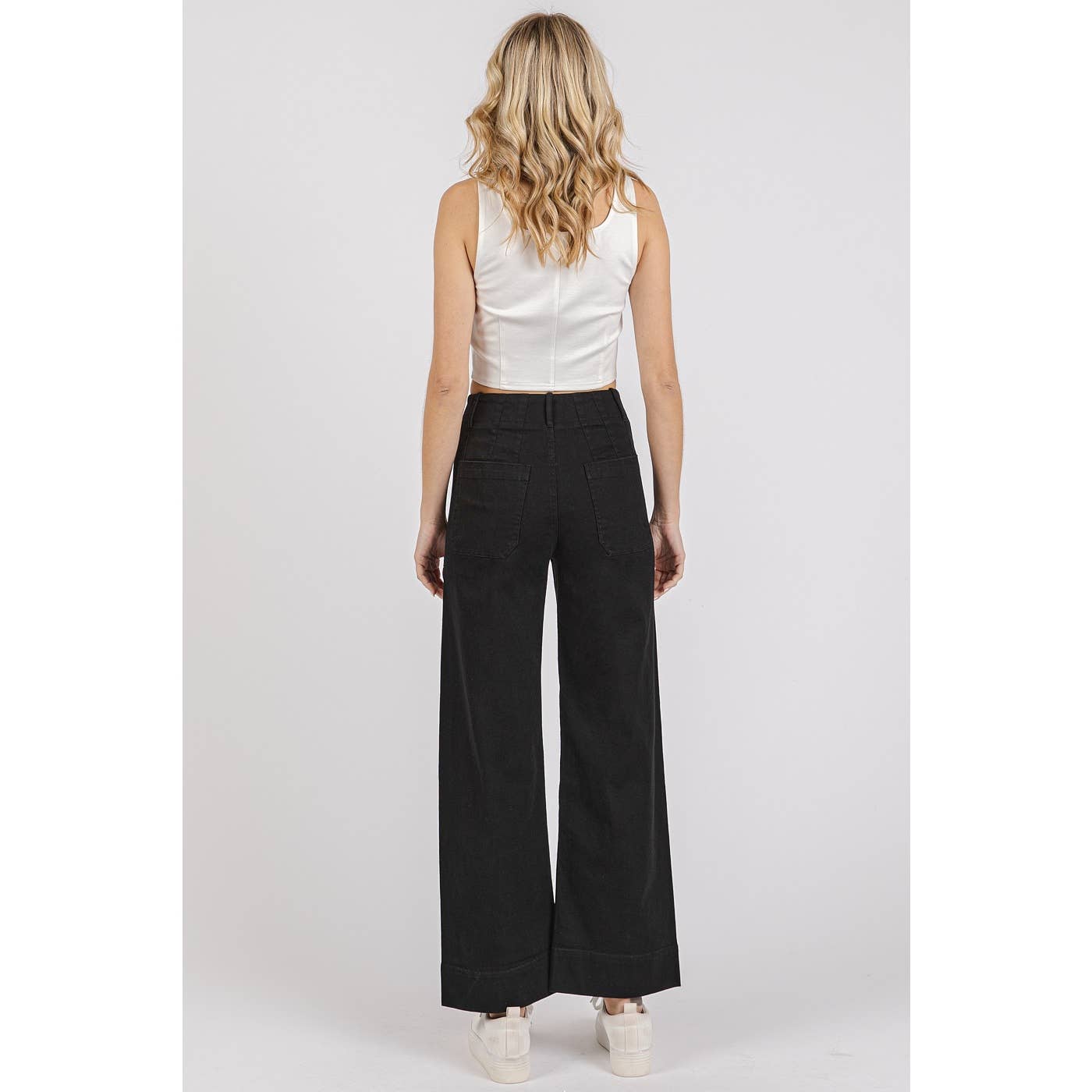 mittoshop - TWILL PATCH POCKET HIGH RISE WIDE LEG PANTS
