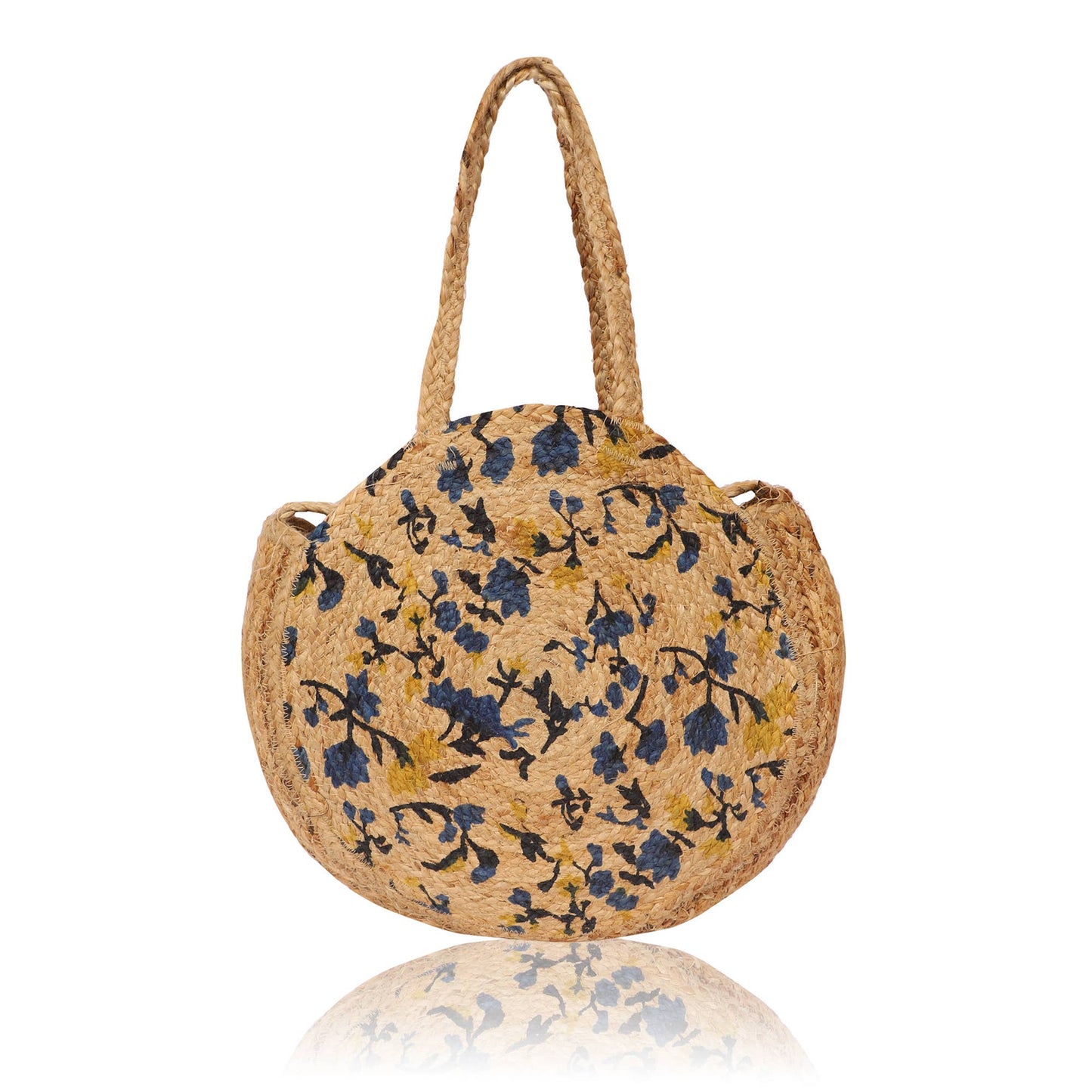 Chloe & Lex - Floral Print Round Pure Jute Beach Tote Bag
