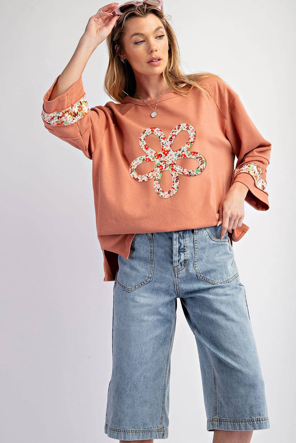 Lovesoft - Flower Patch Graphic Exposed Seam Wide Sleeve Top