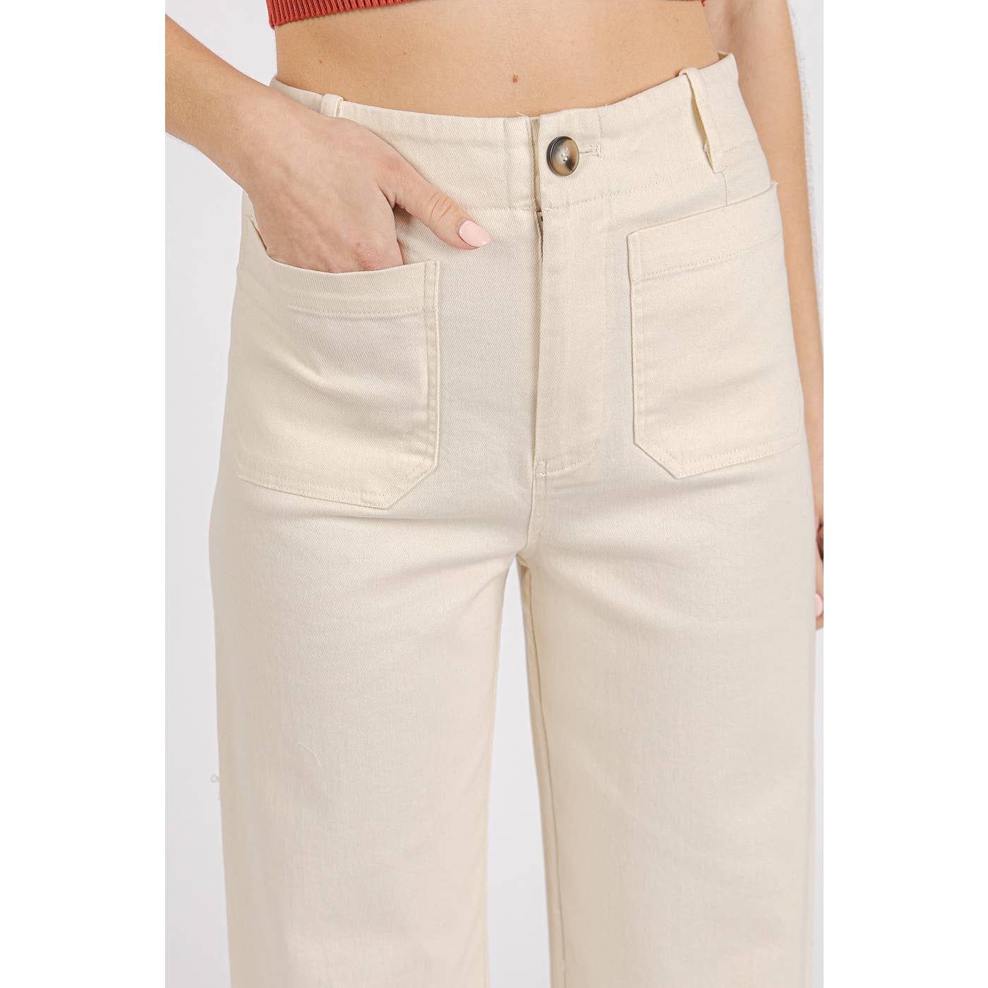 mittoshop - TWILL PATCH POCKET HIGH RISE WIDE LEG PANTS
