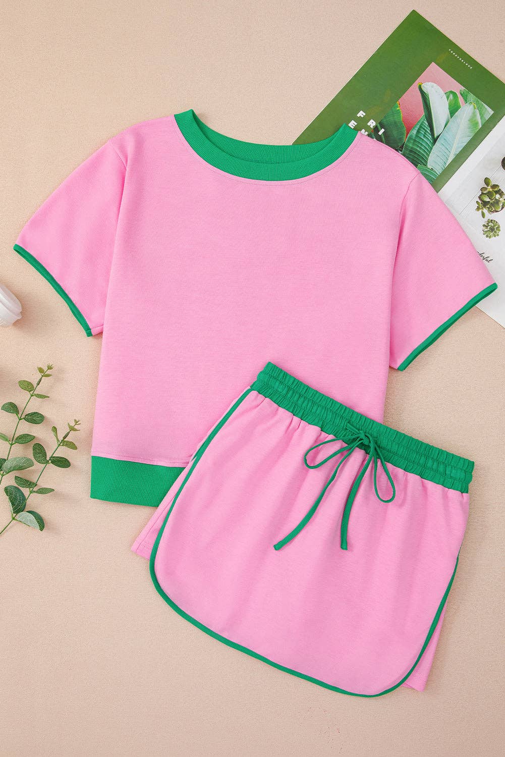Lovesoft - Bonbon Colorblock Edge Drop Shoulder T Shirt and Skort 2Pcs Set