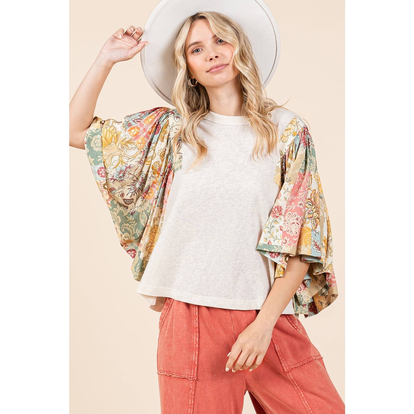 mittoshop - FLORAL PATCHWORK PRINT RUFFLE FLUTTER SLEEVE TOP