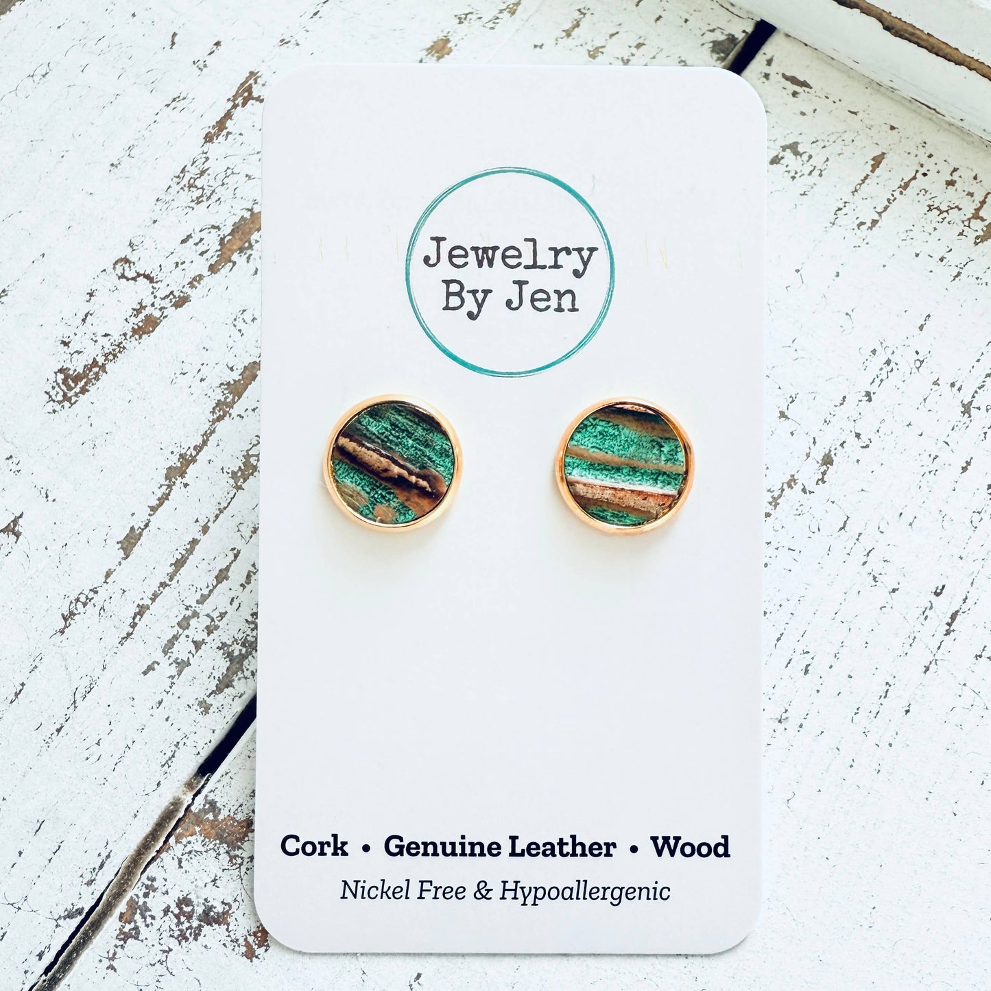 Jewelry By Jen - Stud Earrings: Aqua Bronze