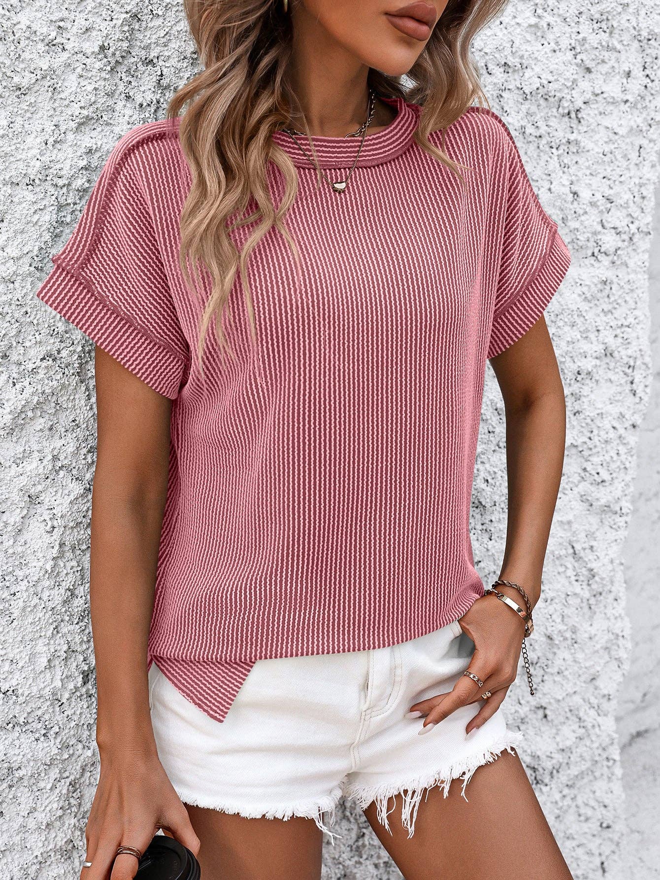 Lovesoft - Backstitch Strip Short Sleeve Knit Casual T Shirts