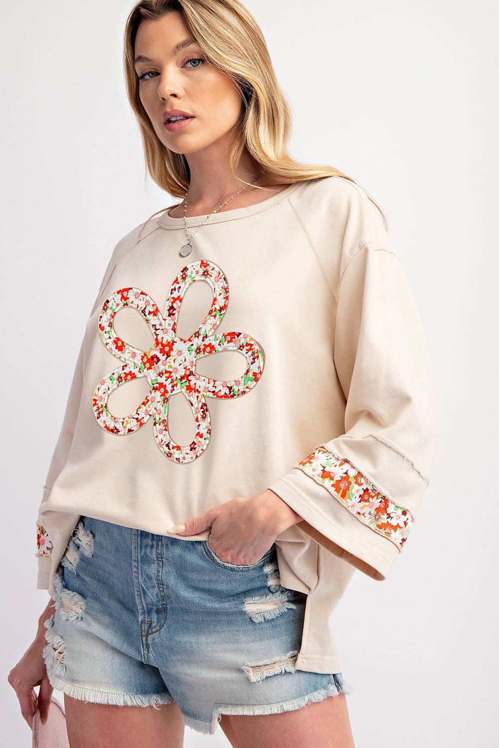 Lovesoft - Flower Patch Graphic Exposed Seam Wide Sleeve Top