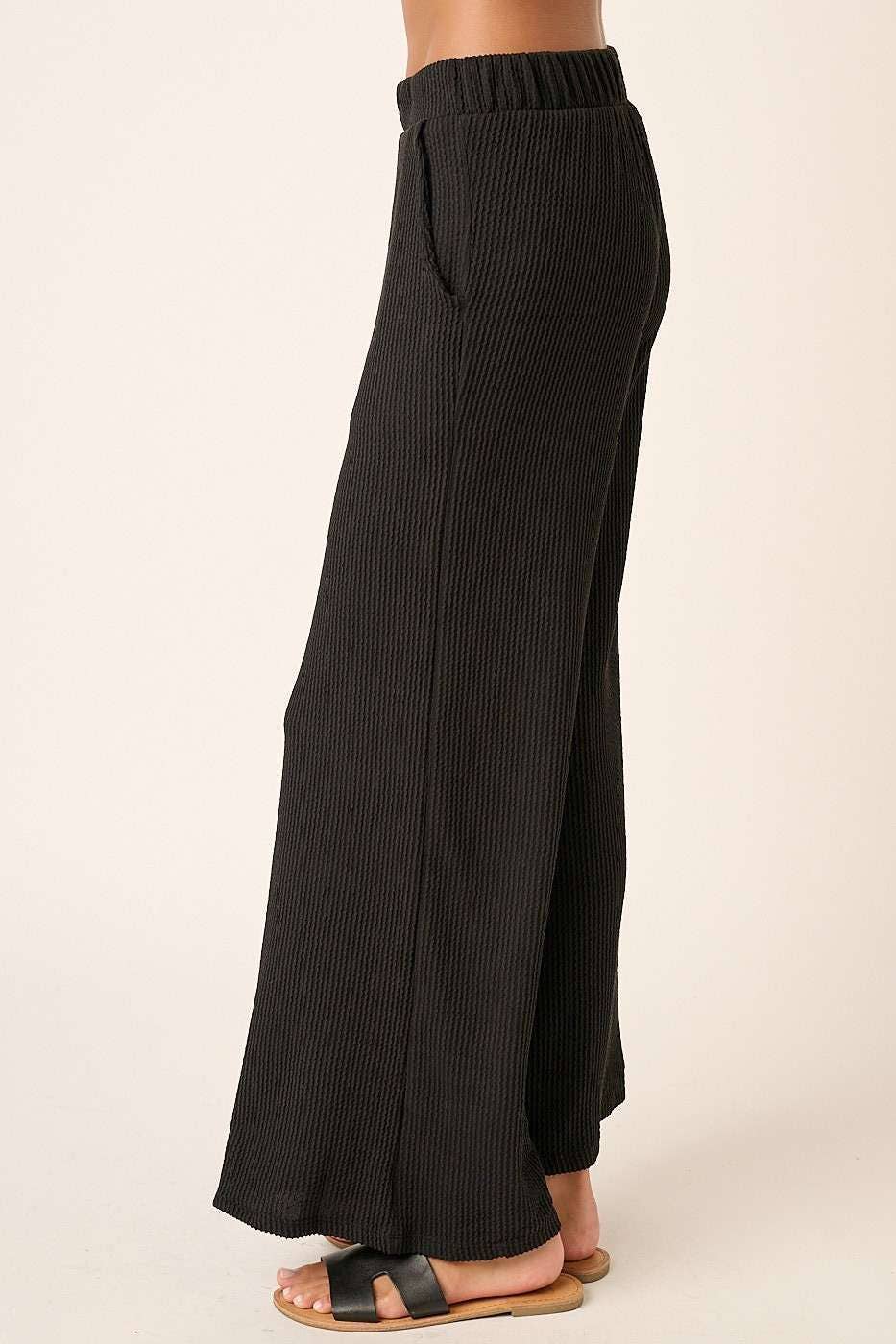 mittoshop - P9662-RIB KNIT TEXTURE ELASTIC WAIST WIDE LEG PANTS