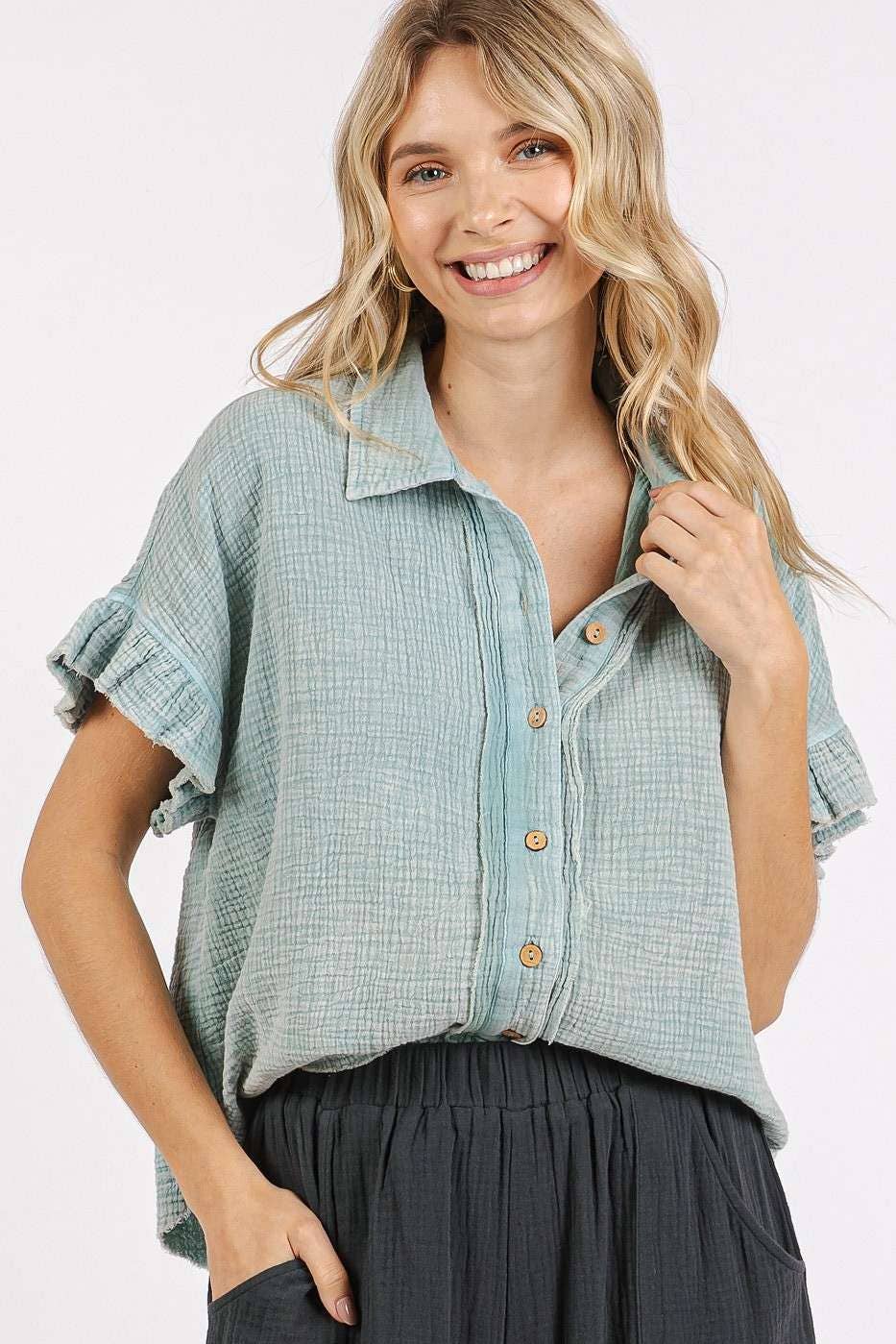 mittoshop - MINERAL WASH GAUZE RUFFLE SHORT SLEEVE SHIRT