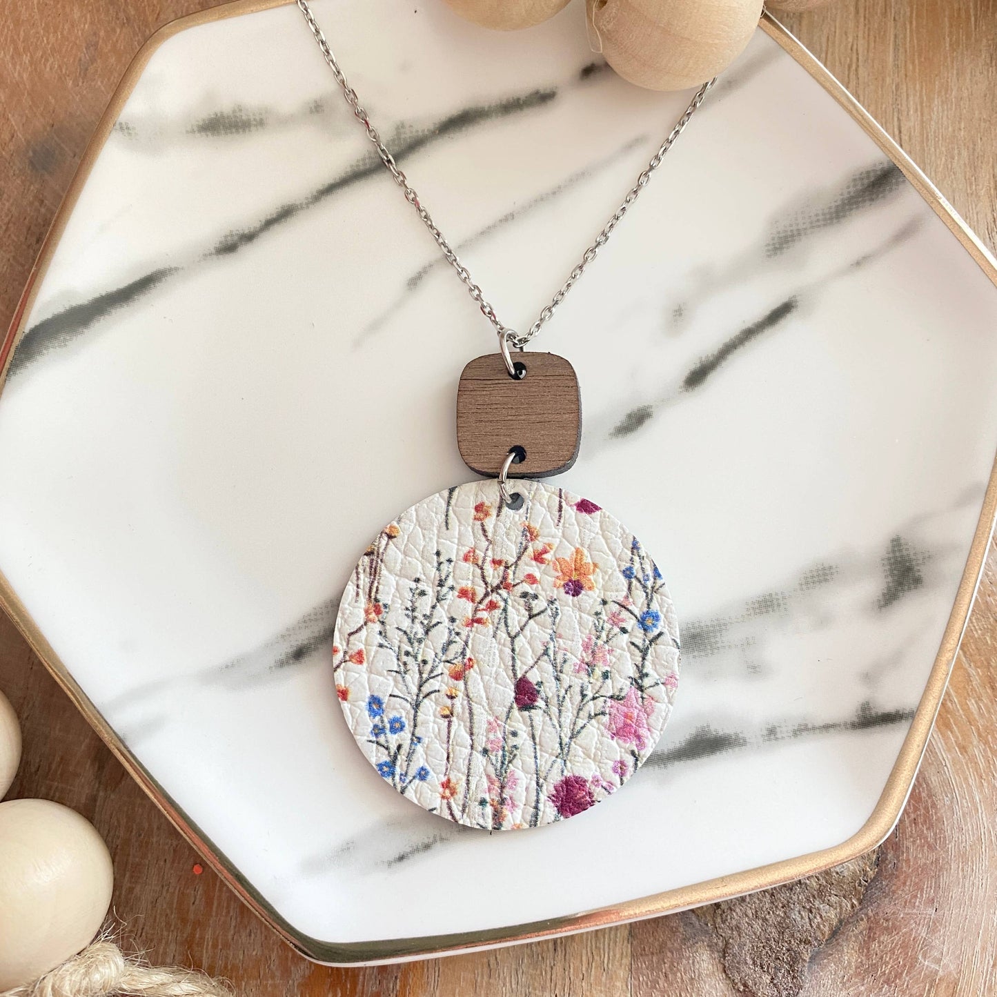 Jewelry By Jen - Necklace: Walnut Rounded Square & Delicate Wildflower