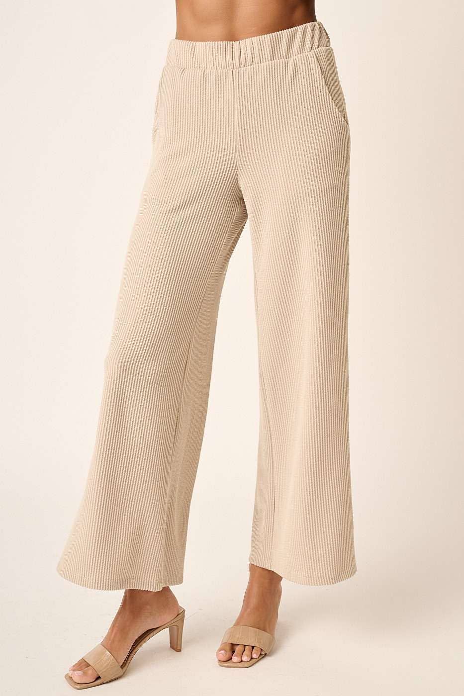 mittoshop - P9662-RIB KNIT TEXTURE ELASTIC WAIST WIDE LEG PANTS