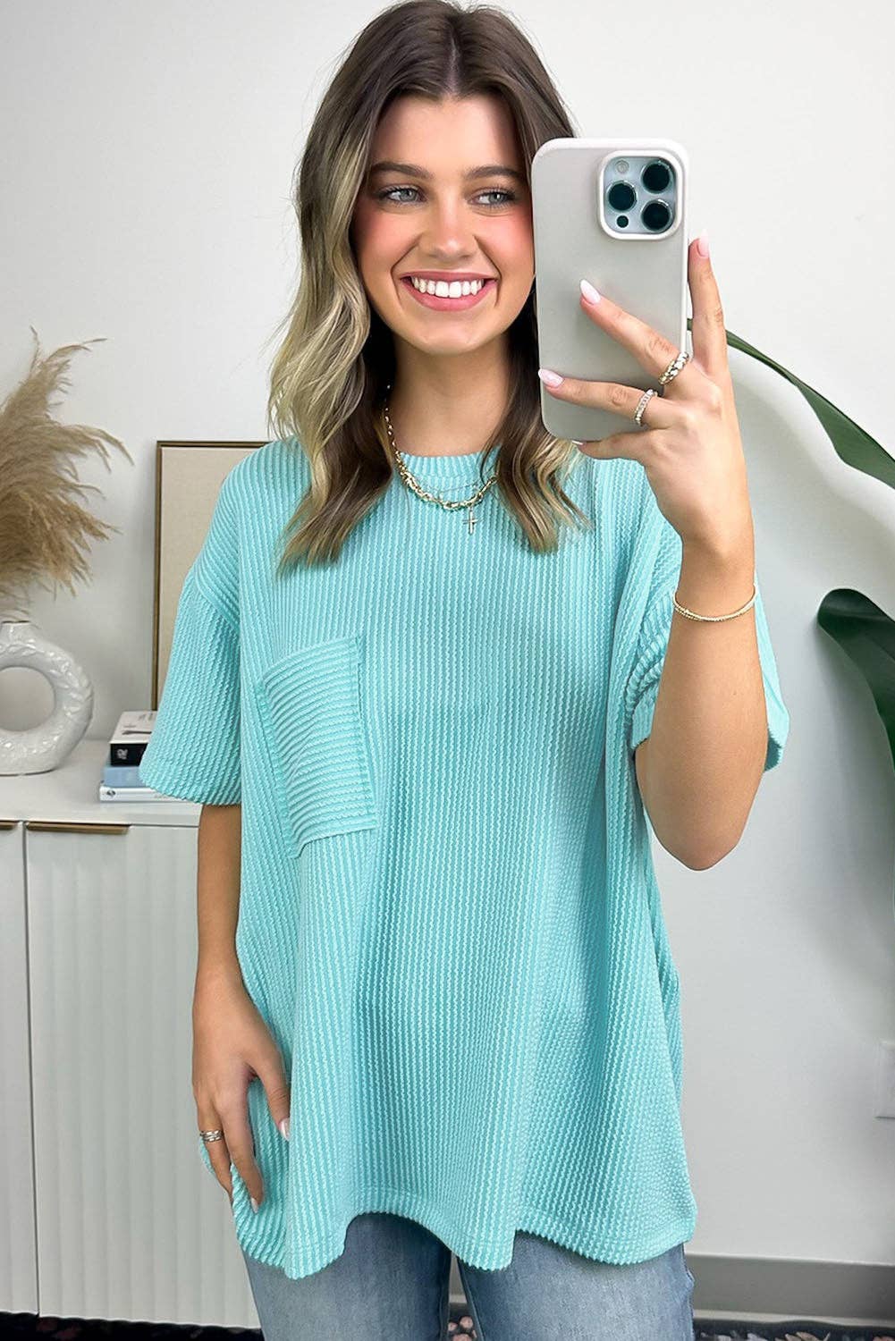Lovesoft - Turquoise Corded Knit Pocketed Loose Fit T Shirt