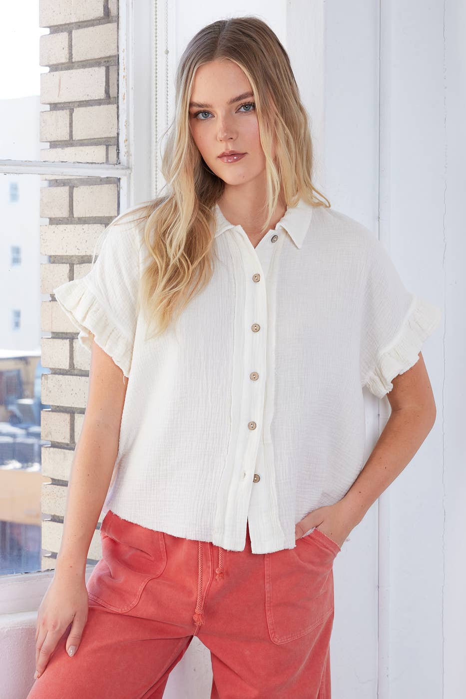 mittoshop - MINERAL WASH GAUZE RUFFLE SHORT SLEEVE SHIRT
