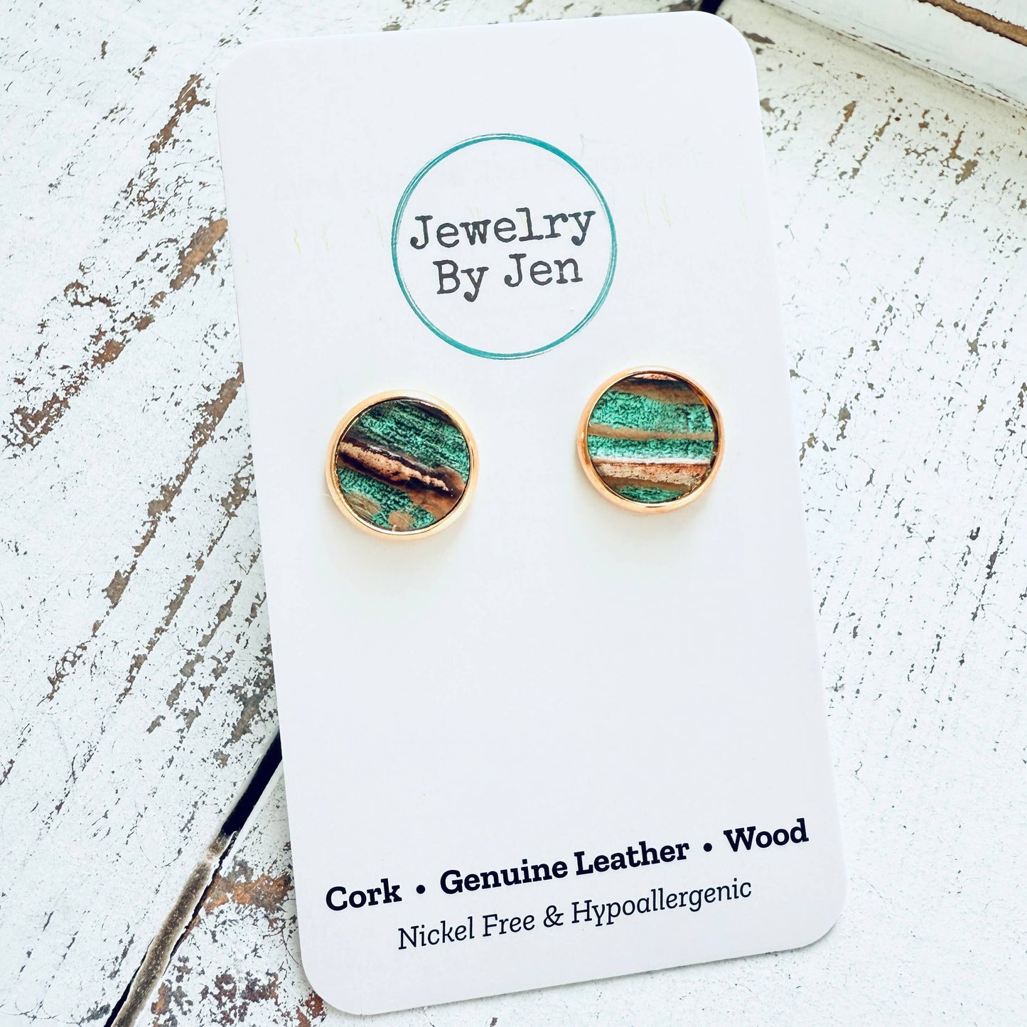 Jewelry By Jen - Stud Earrings: Aqua Bronze