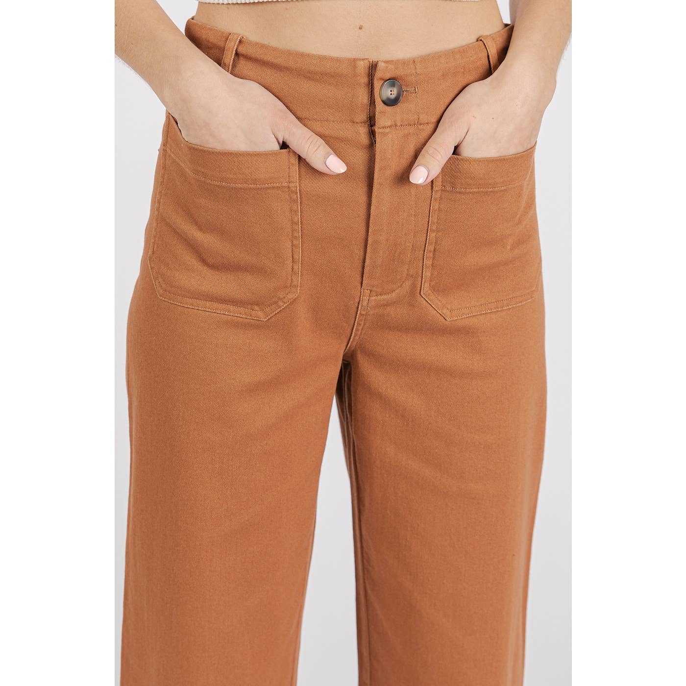 mittoshop - TWILL PATCH POCKET HIGH RISE WIDE LEG PANTS