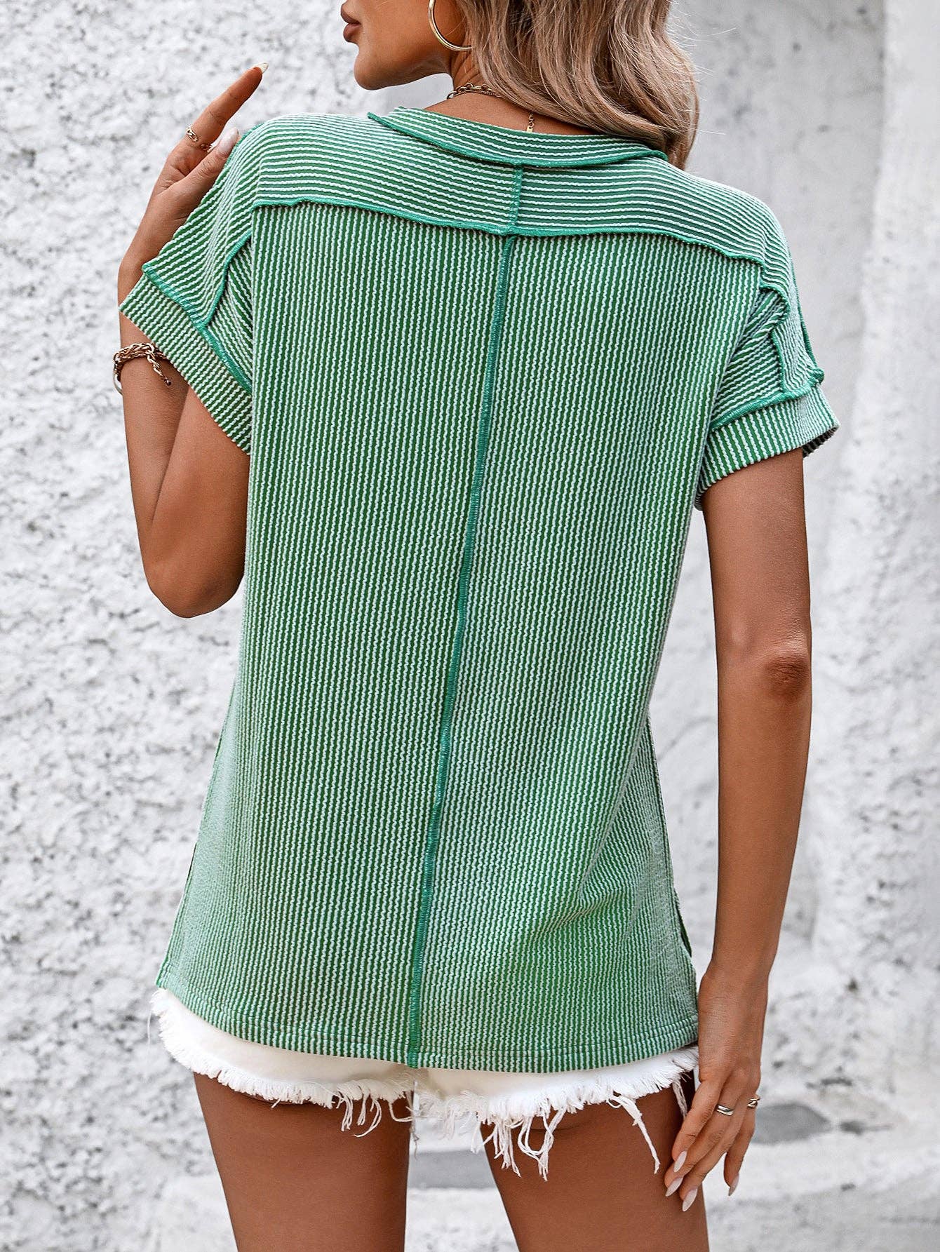 Lovesoft - Backstitch Strip Short Sleeve Knit Casual T Shirts