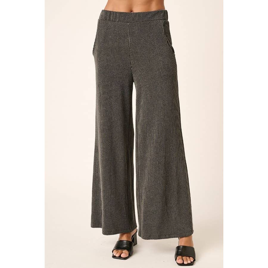 mittoshop - P9662-RIB KNIT TEXTURE ELASTIC WAIST WIDE LEG PANTS