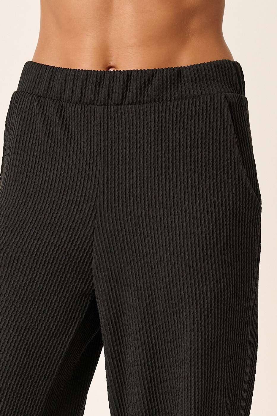 mittoshop - P9662-RIB KNIT TEXTURE ELASTIC WAIST WIDE LEG PANTS