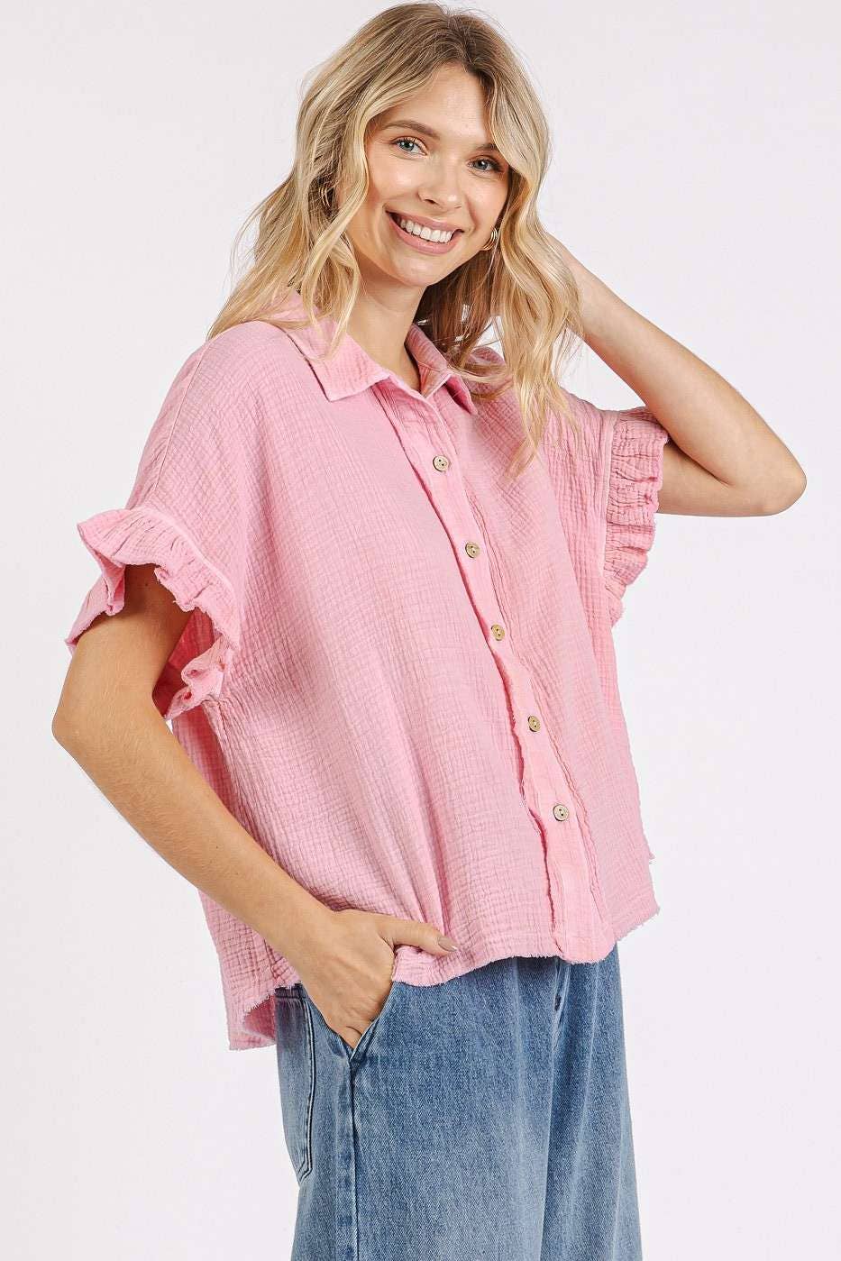 mittoshop - MINERAL WASH GAUZE RUFFLE SHORT SLEEVE SHIRT