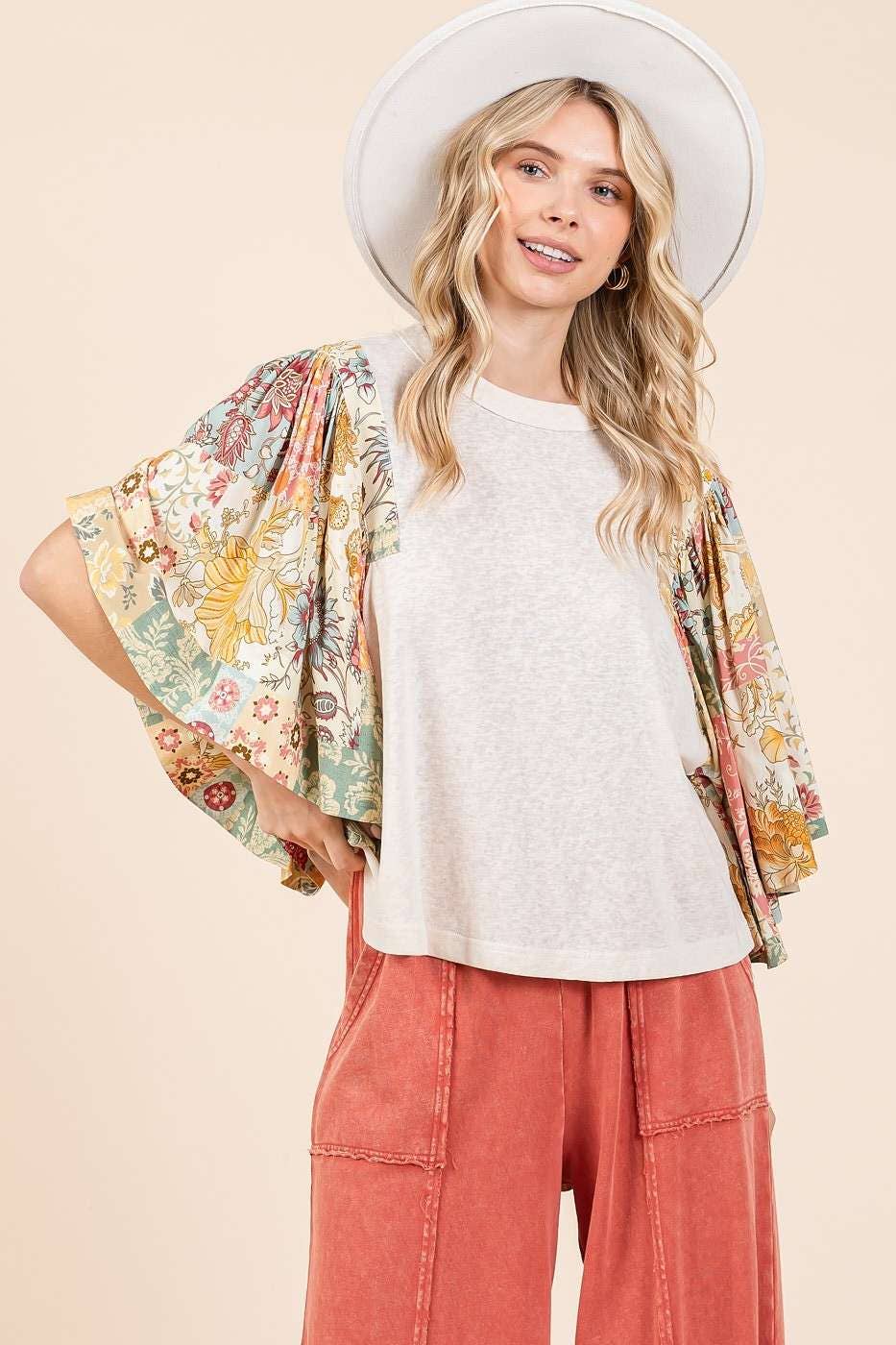 mittoshop - FLORAL PATCHWORK PRINT RUFFLE FLUTTER SLEEVE TOP