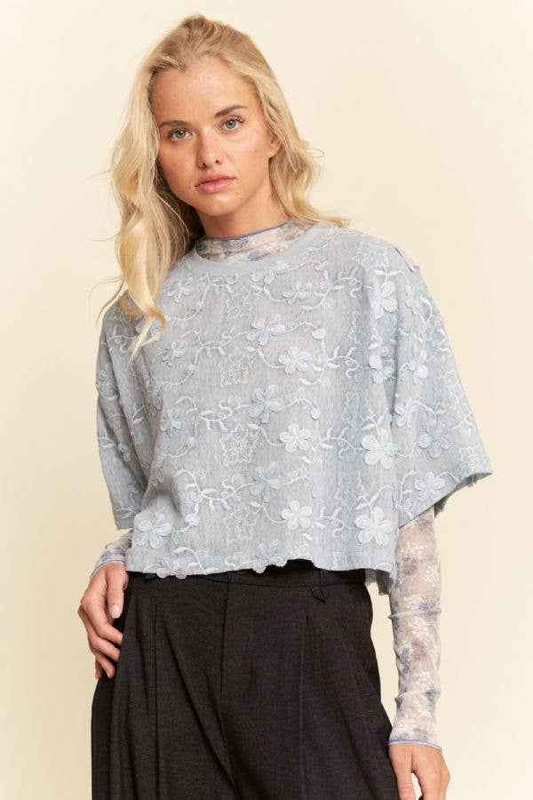 Davi & Dani - FLORAL RUFFLE SHORT SLEEVE BABYDOLL MESH TOP