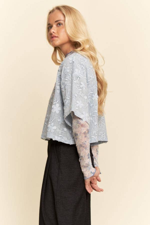 Davi & Dani - FLORAL RUFFLE SHORT SLEEVE BABYDOLL MESH TOP