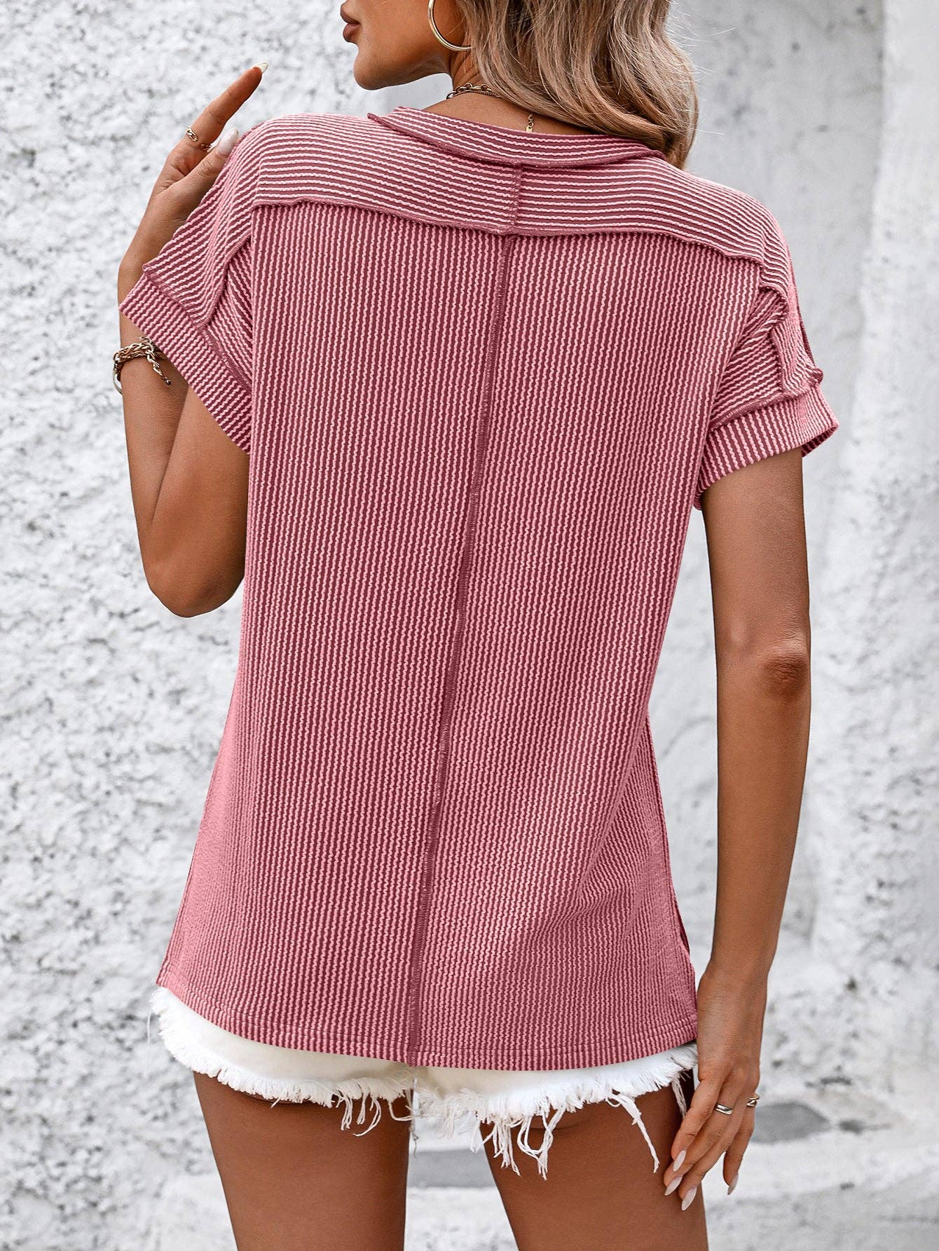Lovesoft - Backstitch Strip Short Sleeve Knit Casual T Shirts
