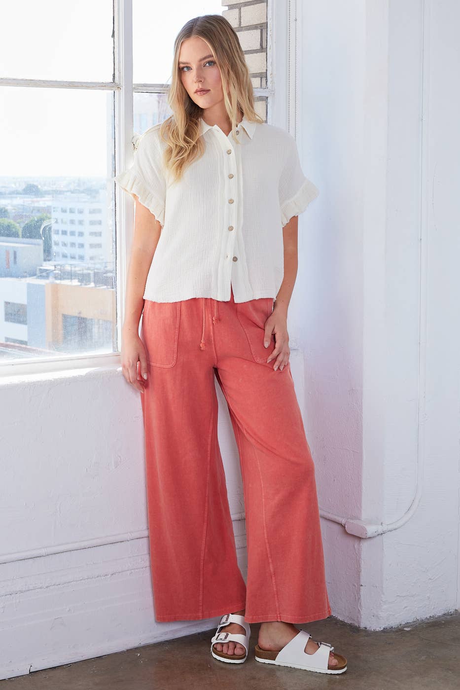 mittoshop - MINERAL WASH FRENCH TERRY WIDE LEG PANTS