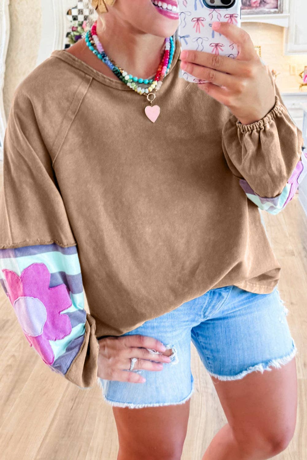 Lovesoft - Flower Patchwork Raglan Sleeve Exposed Seam Oversized Top