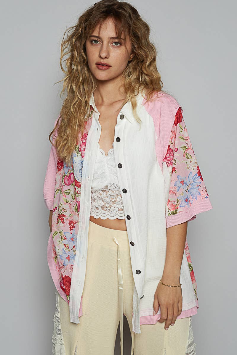 Pol Clothing - Short sleeve collared floral printed shirt top