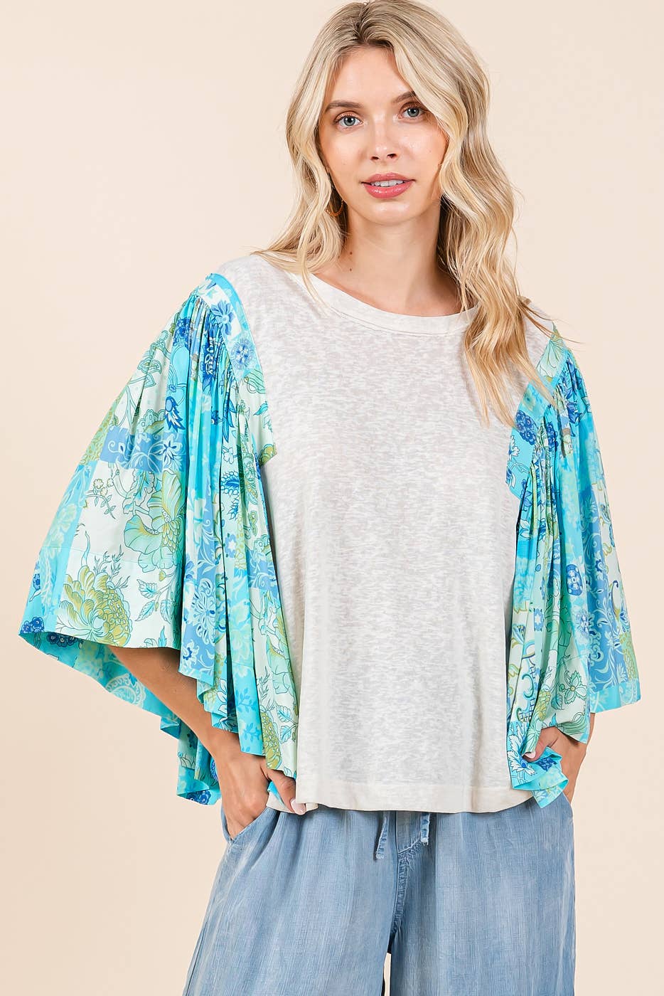 mittoshop - FLORAL PATCHWORK PRINT RUFFLE FLUTTER SLEEVE TOP