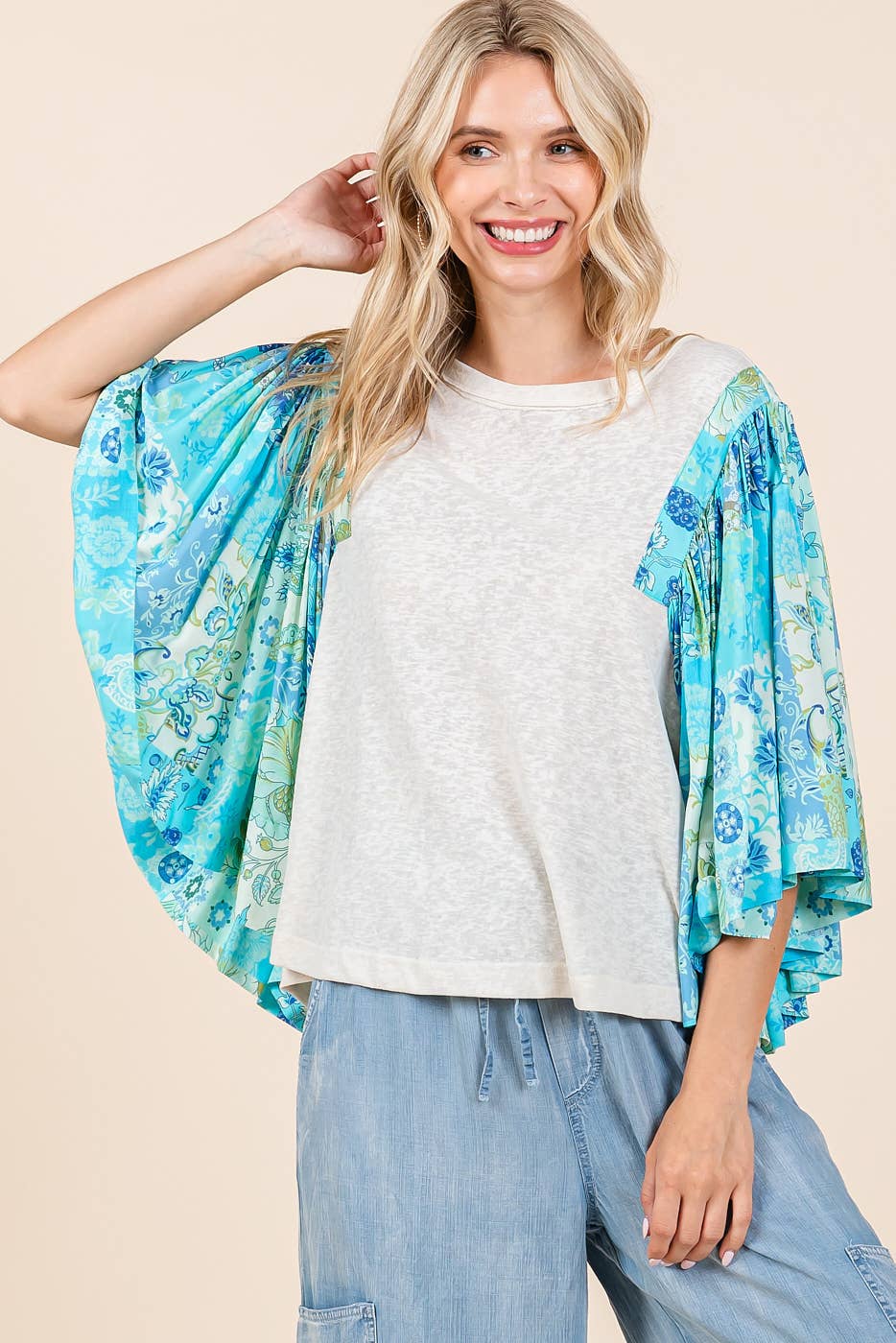 mittoshop - FLORAL PATCHWORK PRINT RUFFLE FLUTTER SLEEVE TOP
