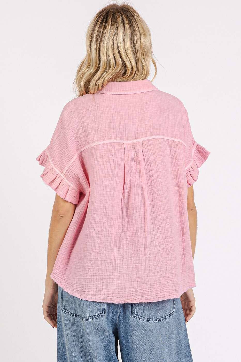 mittoshop - MINERAL WASH GAUZE RUFFLE SHORT SLEEVE SHIRT