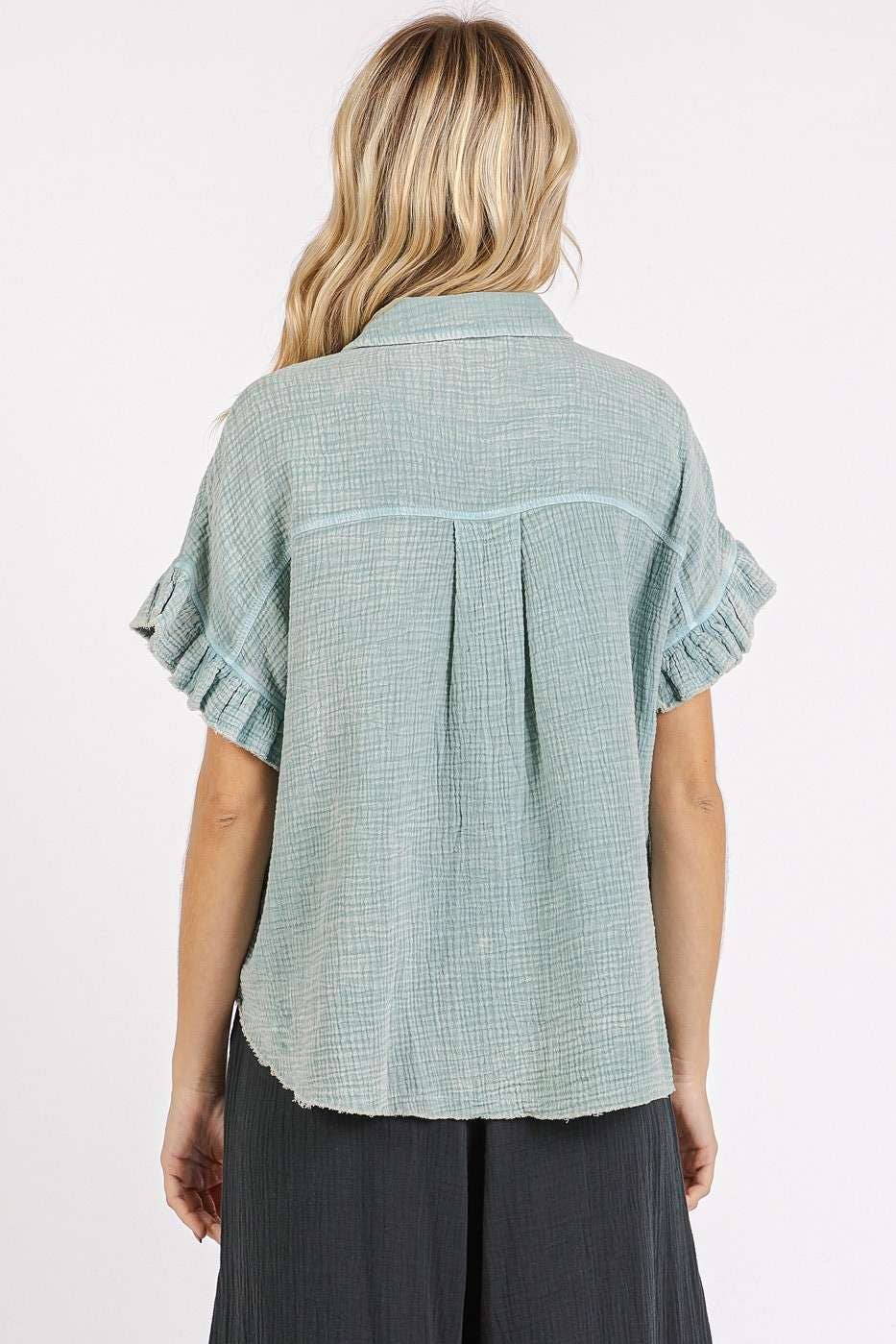 mittoshop - MINERAL WASH GAUZE RUFFLE SHORT SLEEVE SHIRT