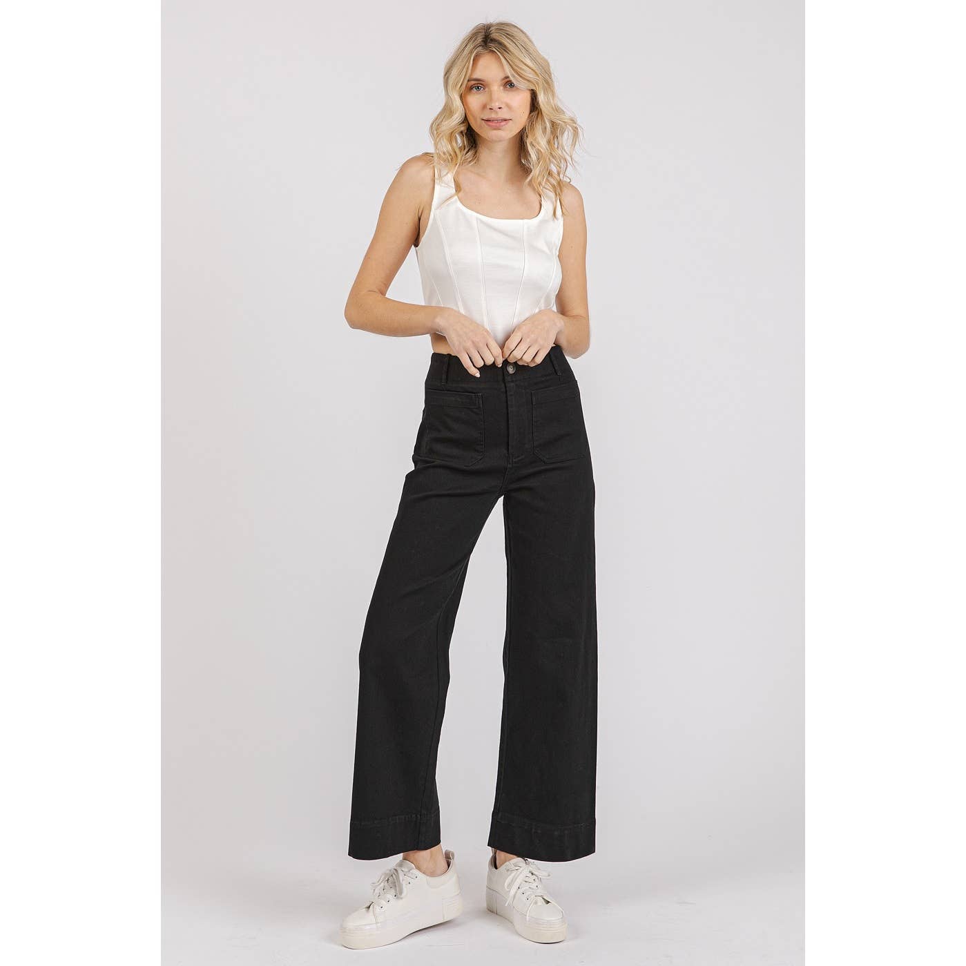 mittoshop - TWILL PATCH POCKET HIGH RISE WIDE LEG PANTS