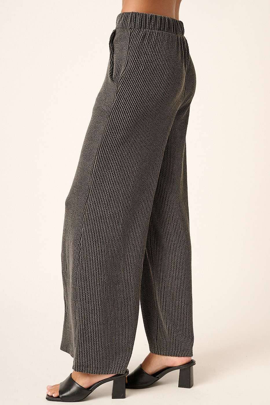 mittoshop - P9662-RIB KNIT TEXTURE ELASTIC WAIST WIDE LEG PANTS