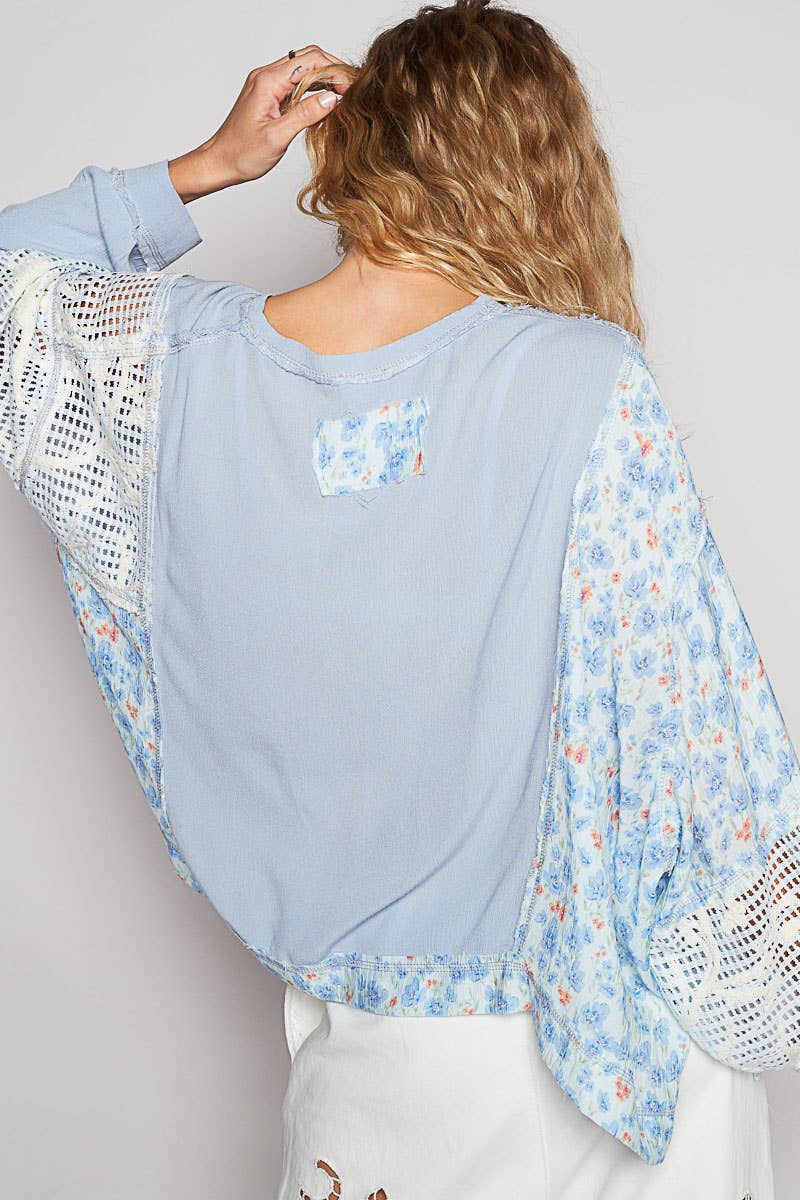 Pol Clothing - Round neck long sleeve floral print contrast top