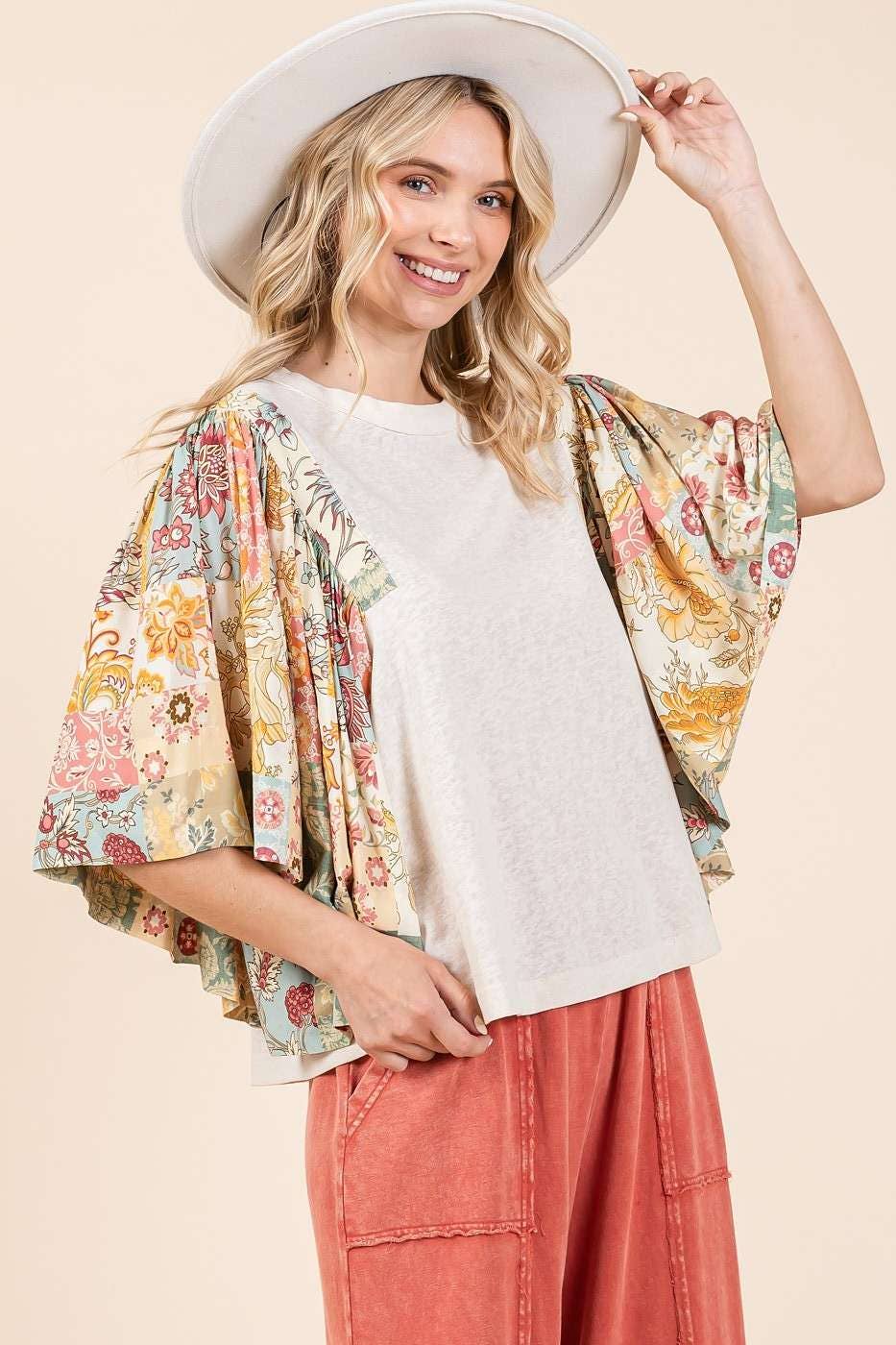 mittoshop - FLORAL PATCHWORK PRINT RUFFLE FLUTTER SLEEVE TOP