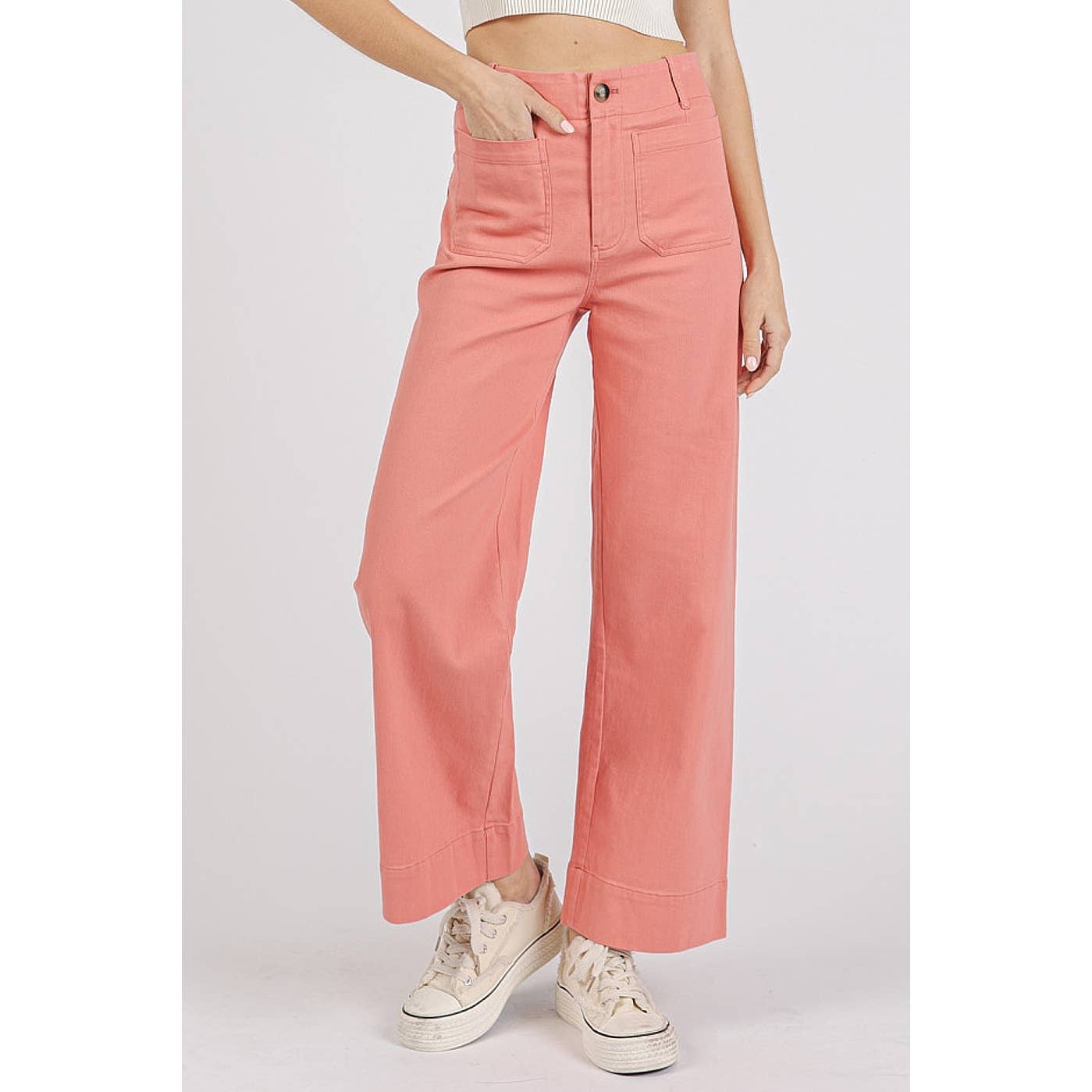mittoshop - TWILL PATCH POCKET HIGH RISE WIDE LEG PANTS