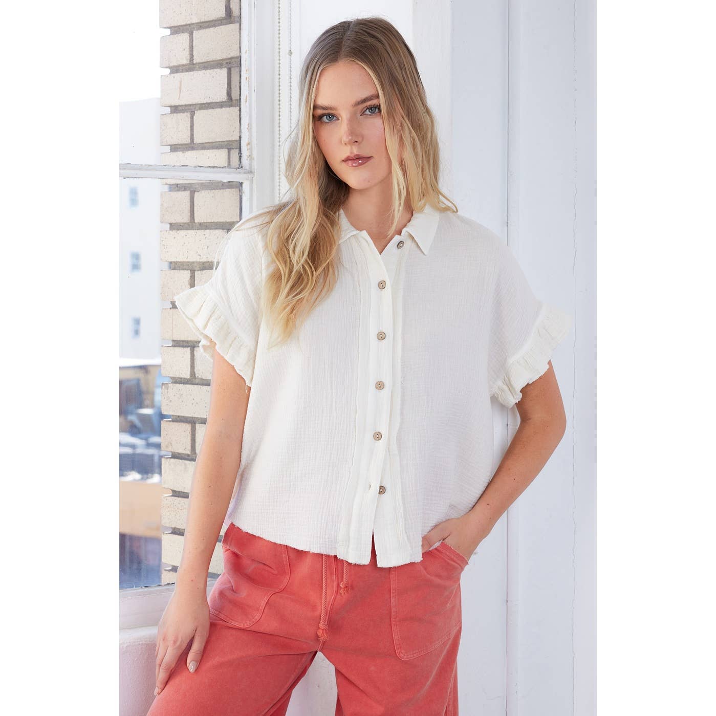mittoshop - MINERAL WASH GAUZE RUFFLE SHORT SLEEVE SHIRT