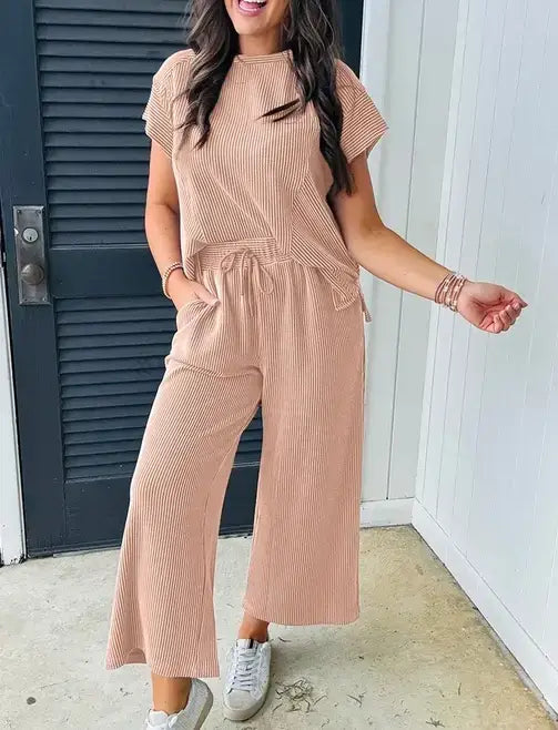 Lovesoft - Solid Corded Knit Short Sleeve T Shirt and Wide Leg Pants Set