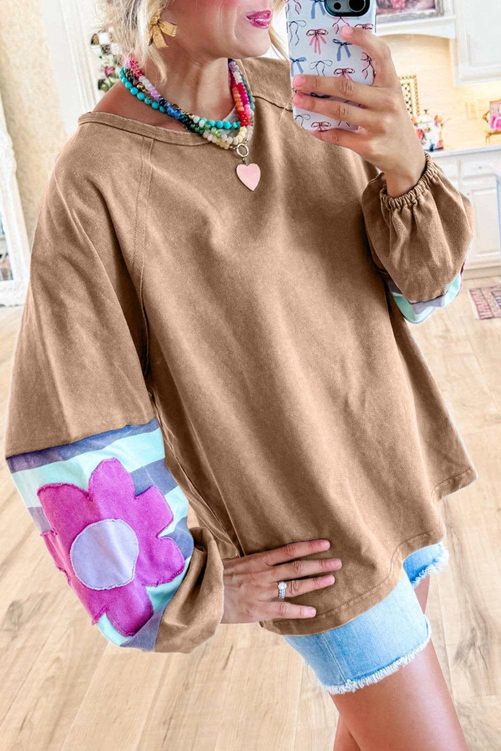 Lovesoft - Flower Patchwork Raglan Sleeve Exposed Seam Oversized Top