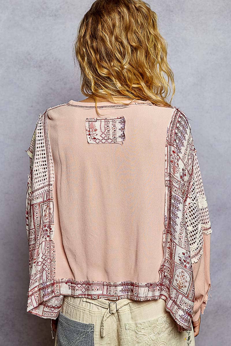Pol Clothing - Round neck long sleeve floral print contrast top