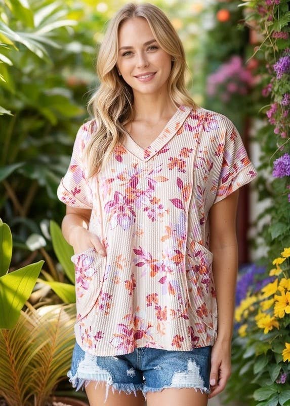 HEIMISH - ET7795-13 SHORT SLEEVE V NECK URBAN RIBBED FLROAL PRINT TOP